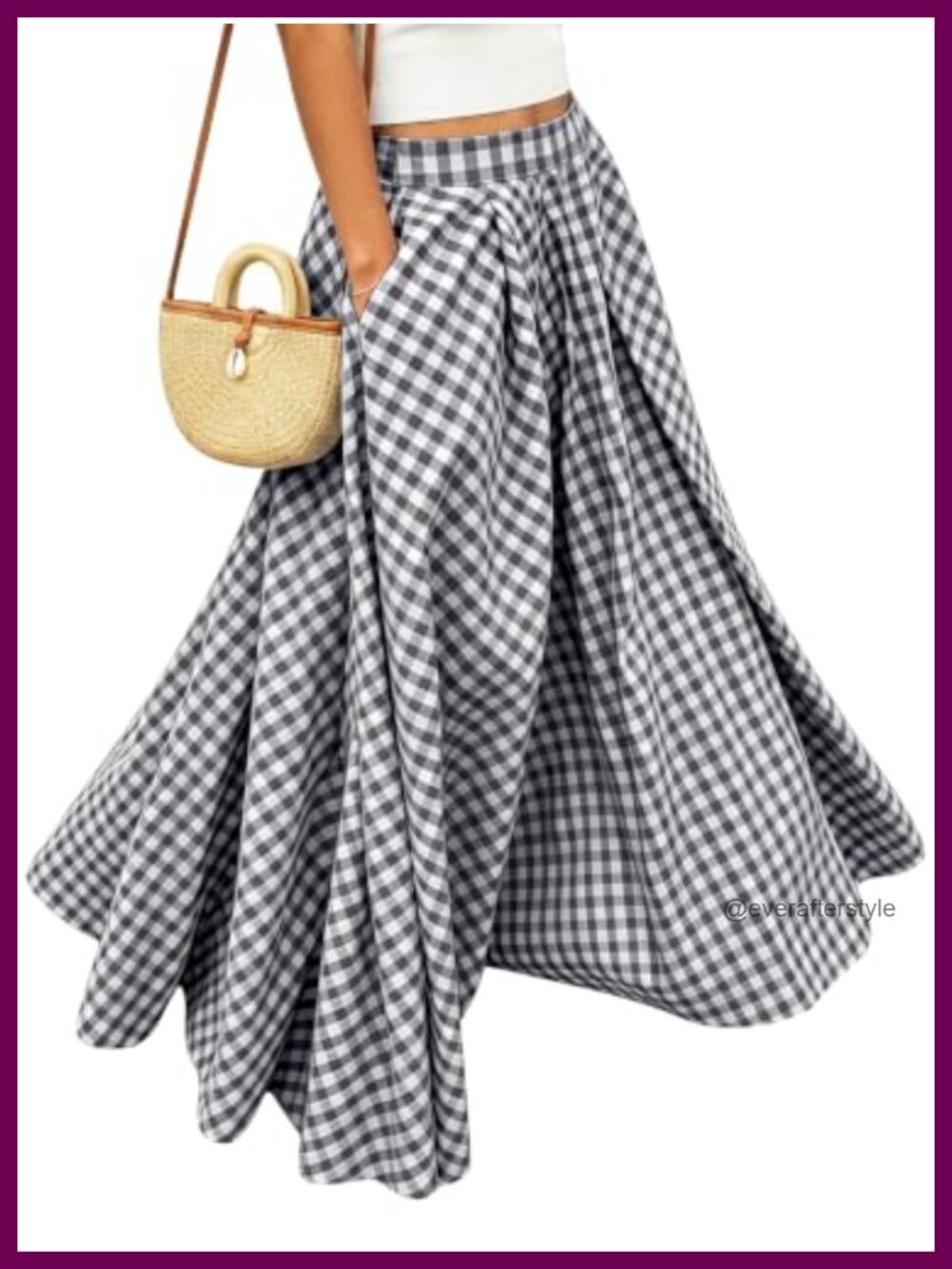 Plaid Gingham Maxi Skirt A-Line Flared Elastic Waist Summer Long Skirt